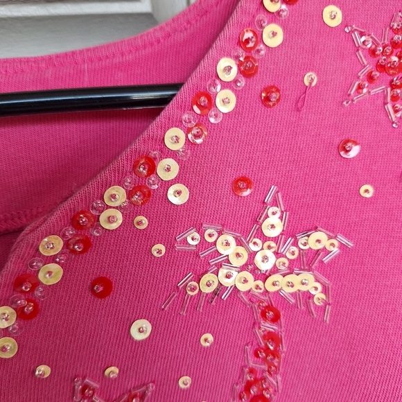 Quacker Factory Pullover Pink Sequins V Neck SzXL 3/4Sleeves 100% Cotton Quality - Picture 8 of 10